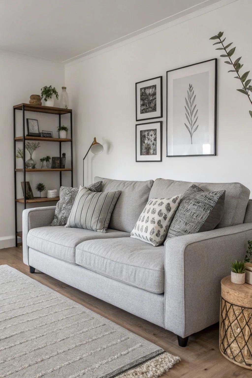 Monochrome cushions deliver a seamless sophistication to a grey sofa.