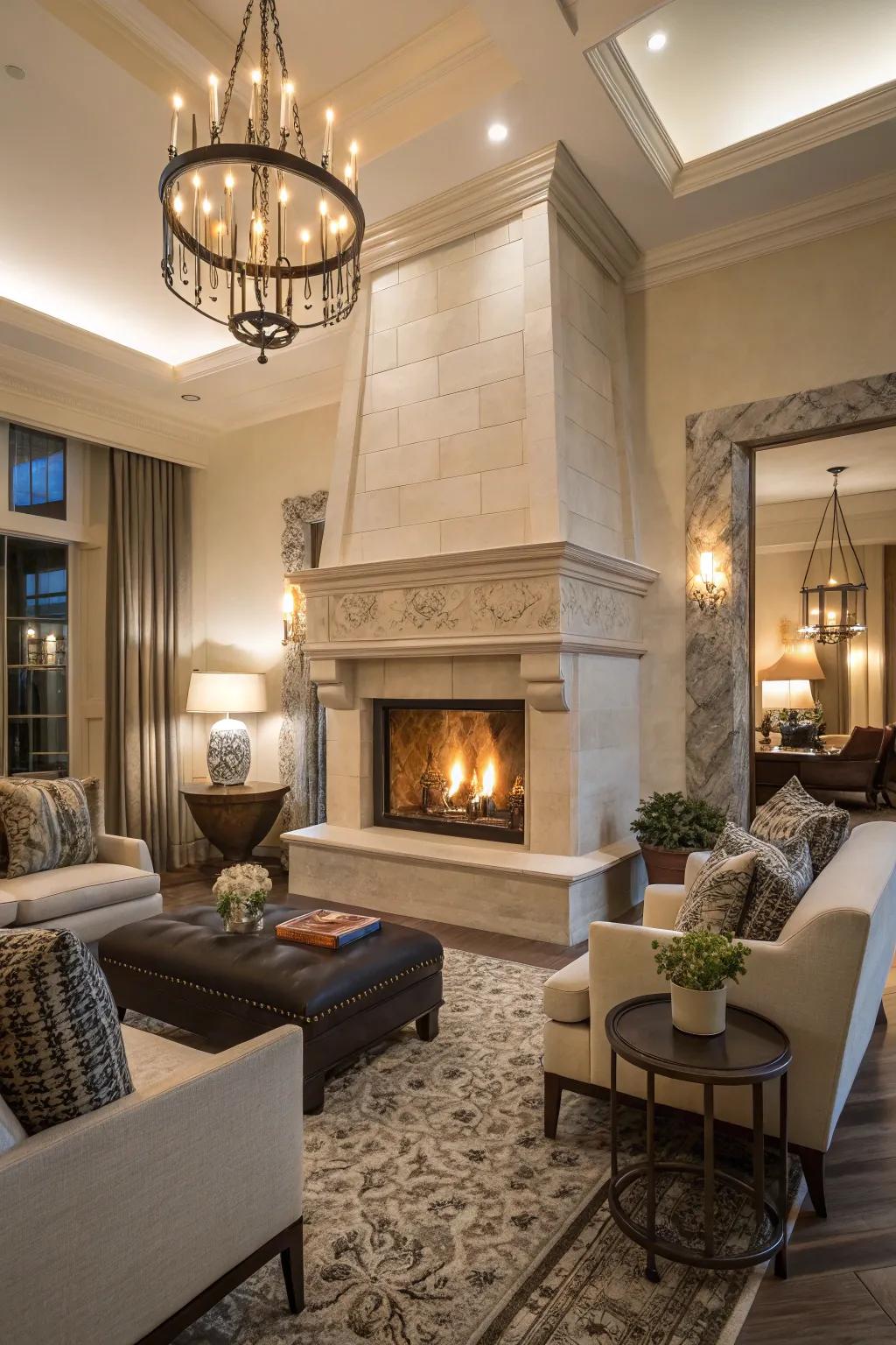 A four-sided fireplace serves as a captivating centerpiece.