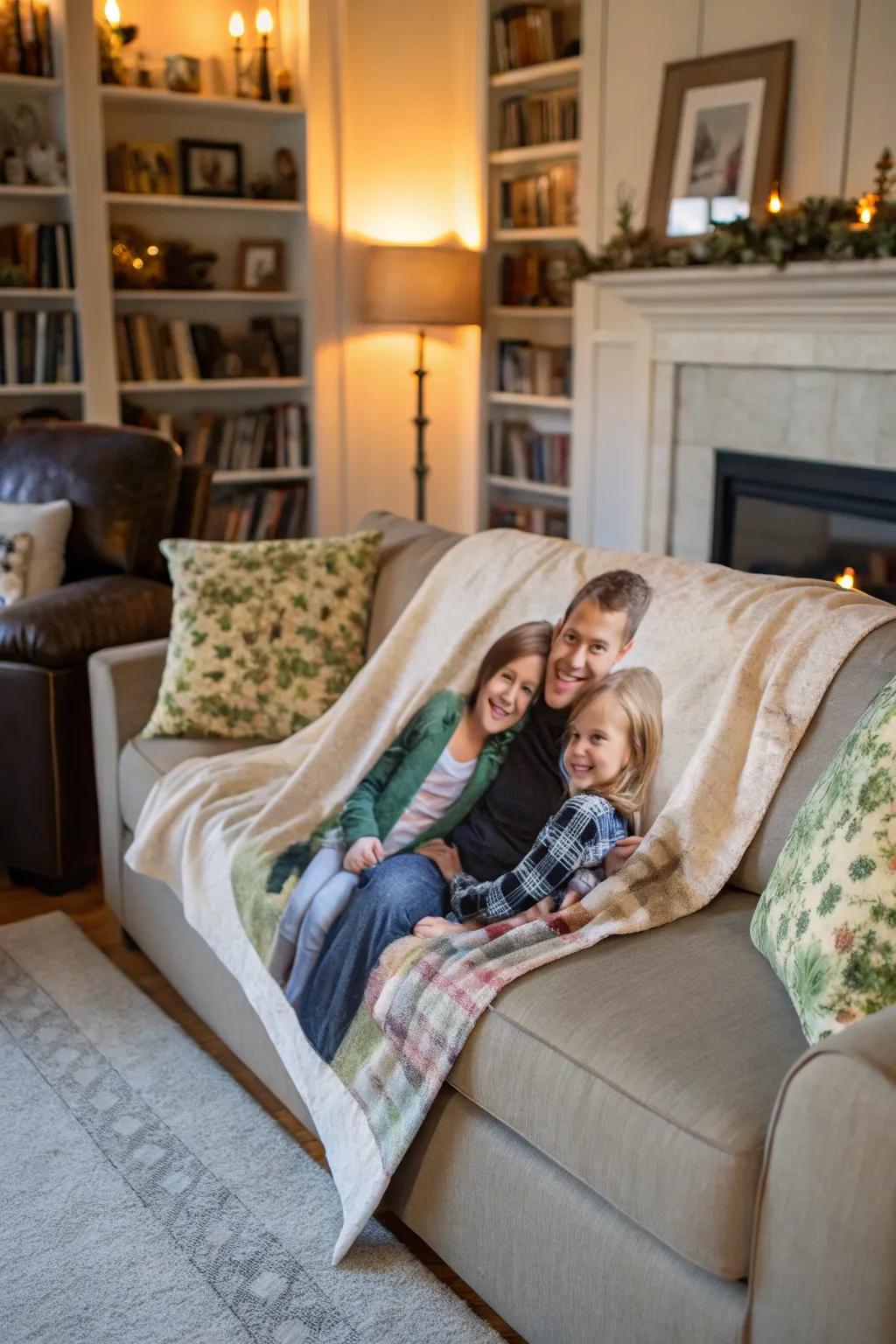 A bespoke throw wrap furnishes warmth and sentiment.