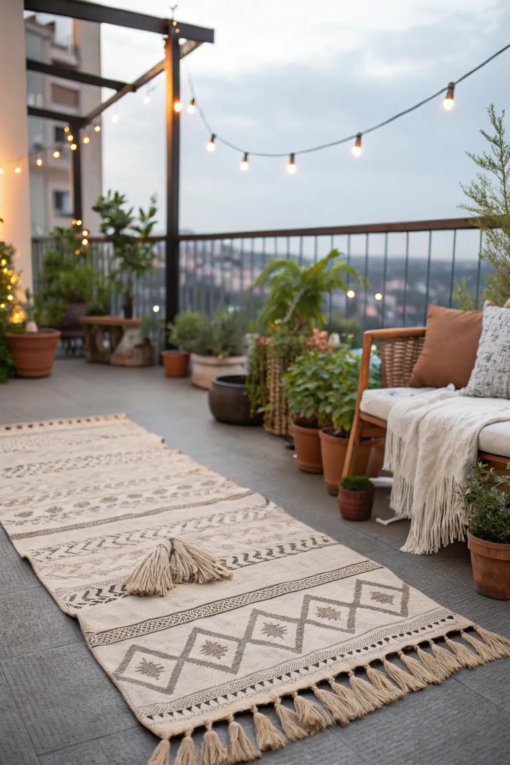 Bohemian fringe rugs add texture and laid-back charm to outdoor areas.