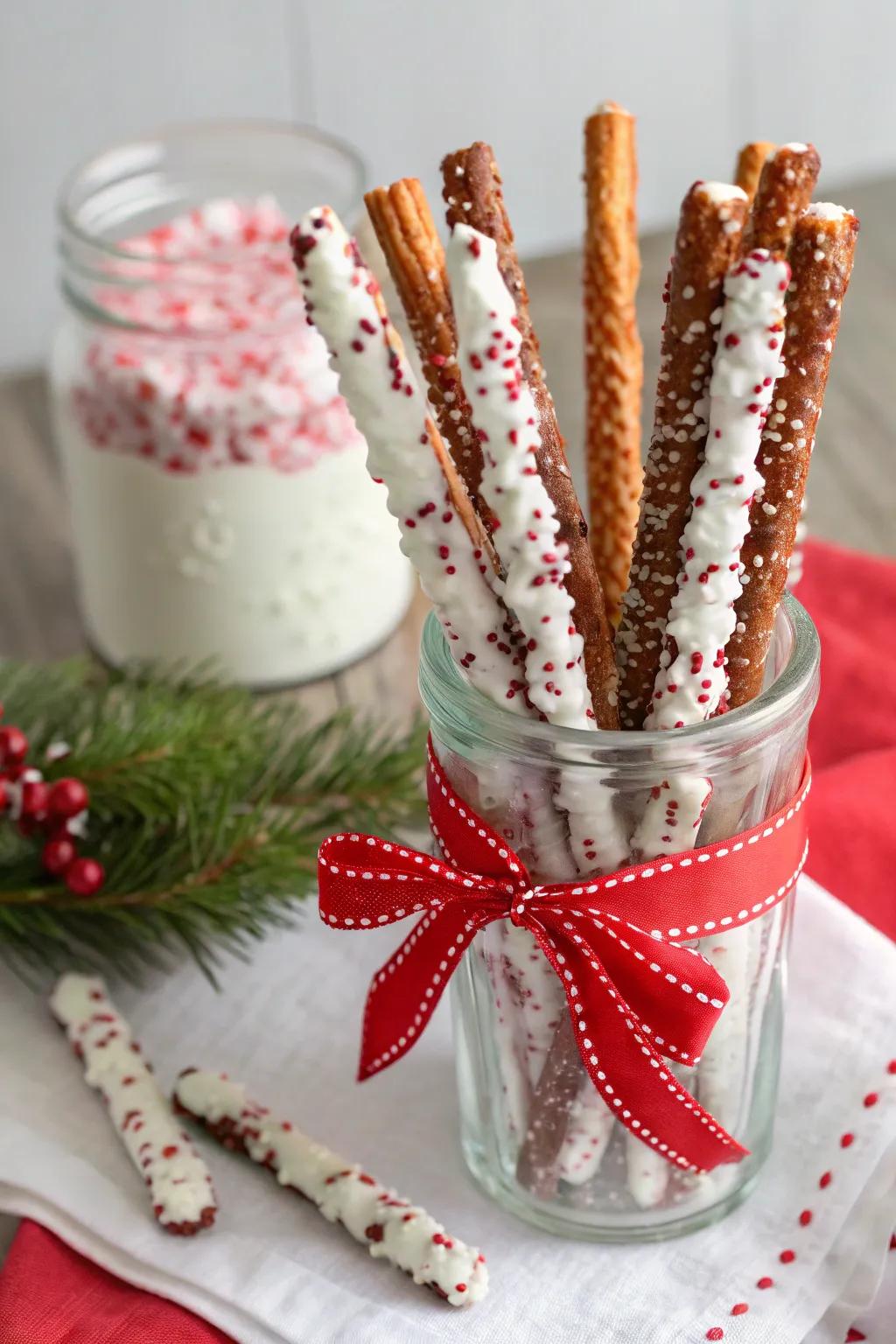 Scrumptious peppermint pretzel dips set for holiday munching.
