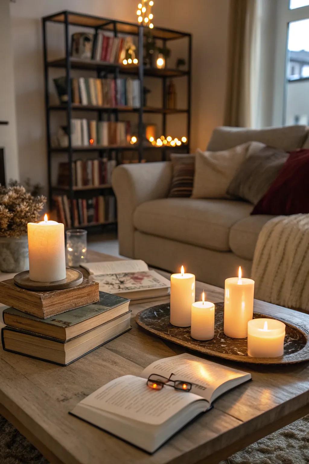 Comforting accents such as books and candles make a snug retreat.