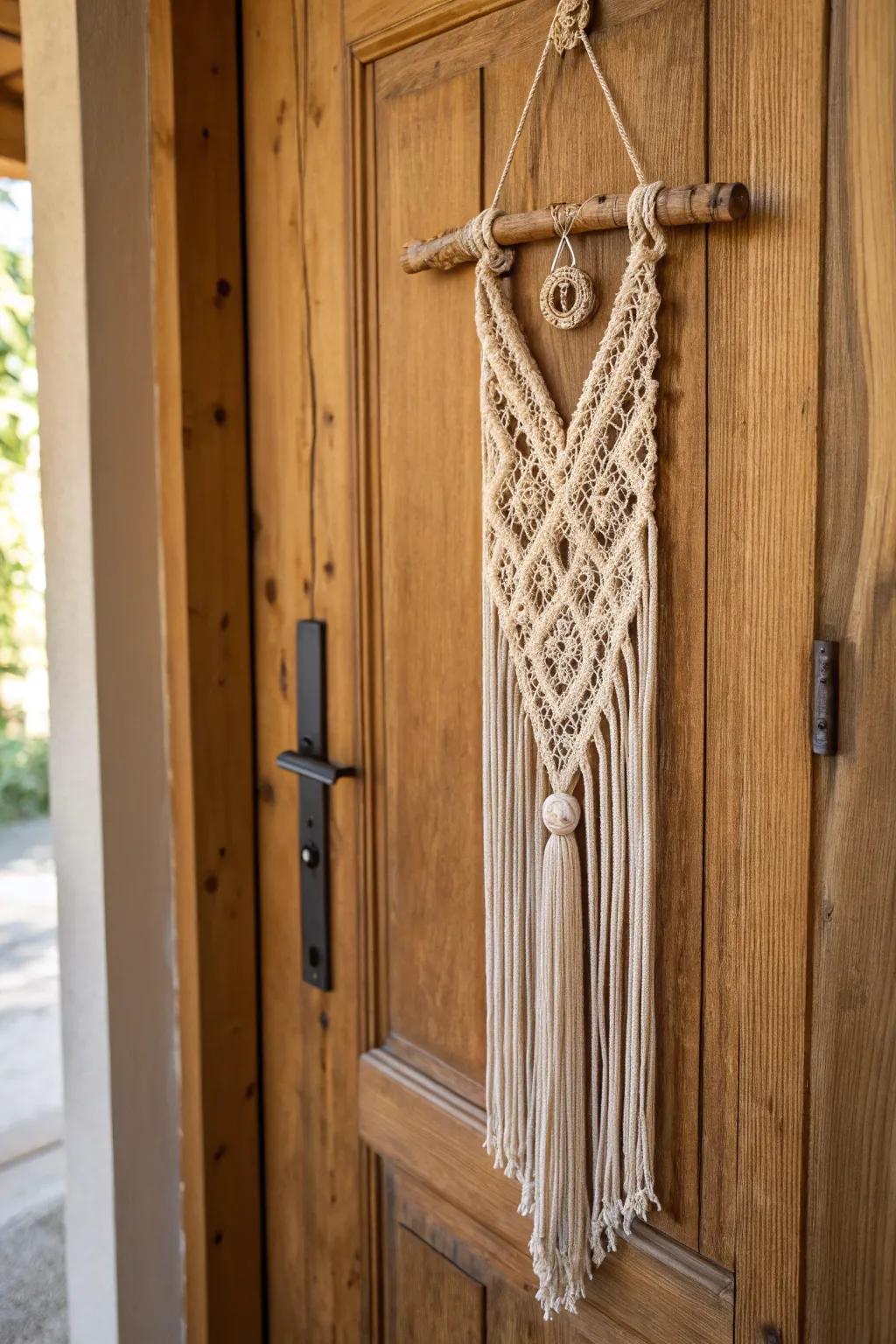 A bohemian woven rope door decoration for extra texture and style.
