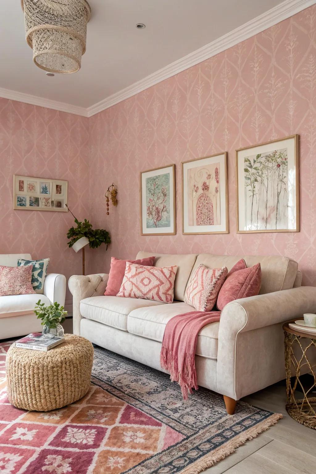Textured roseate wallpaper contributes visual interest and depth to the walls.