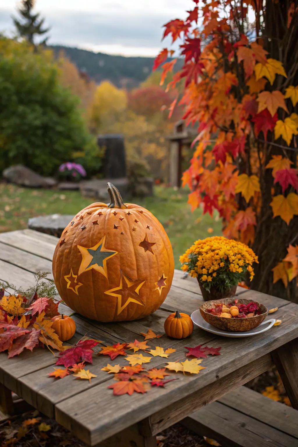 A jack-o'-lantern with autumn leaves and star carvings for a seasonal touch.