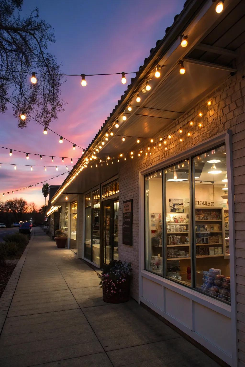 A storefront bathed in warm string lights, emitting a cozy glow.