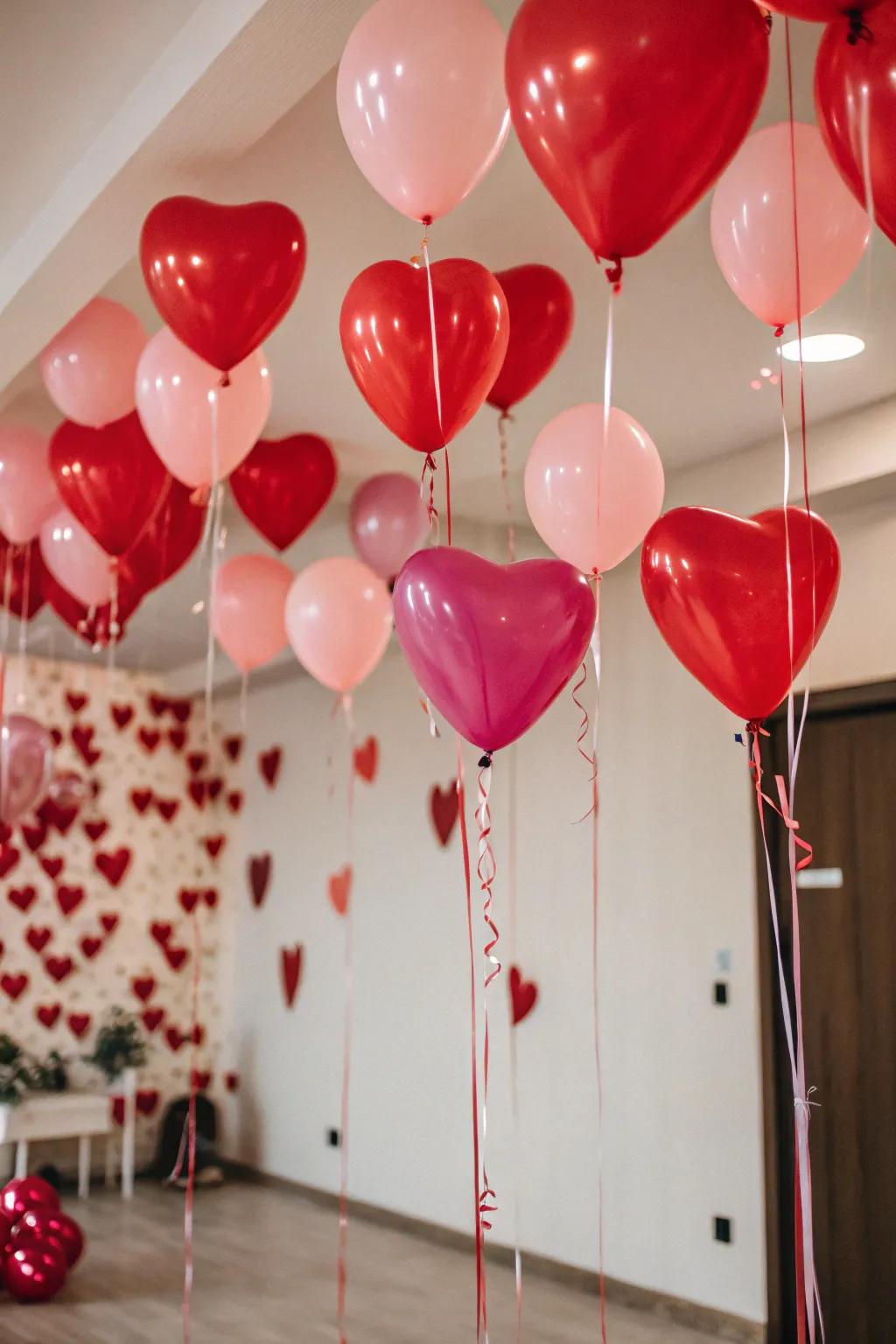 A room bursting with heart-shaped inflated shapes, adding a festive element.