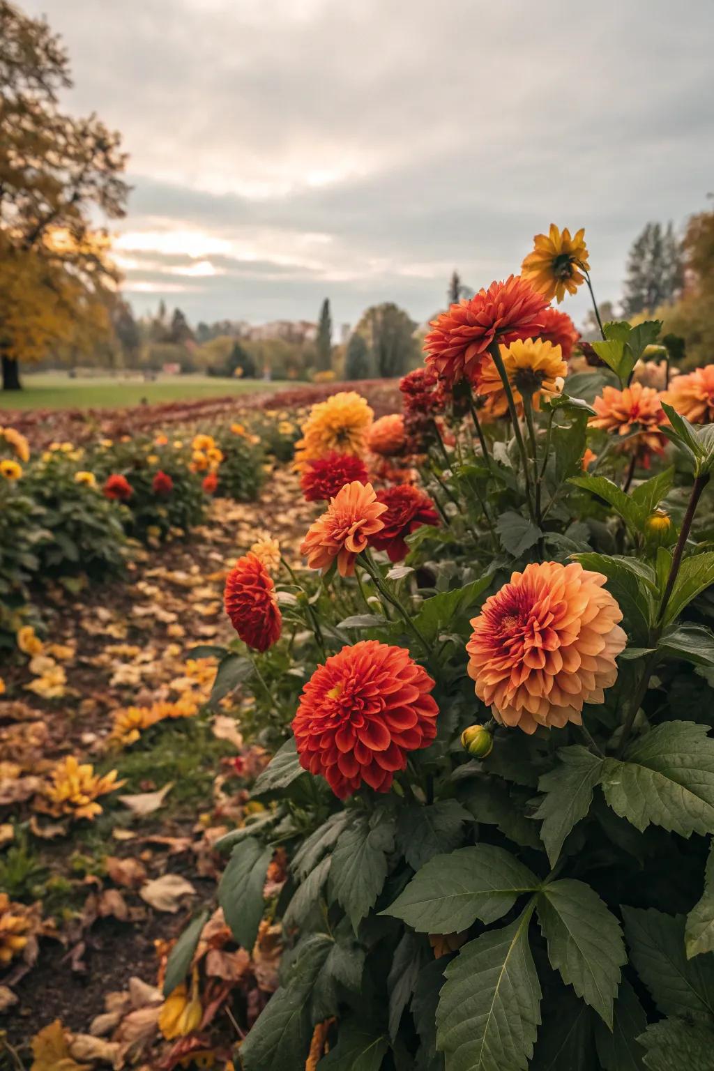Periodic harmony with autumn-shaded sunburst blooms.