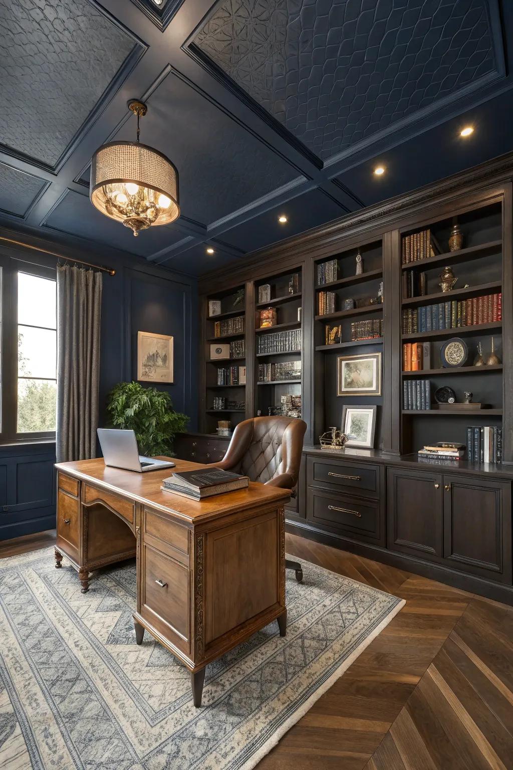 A refined home office featuring a deep azure ceiling.