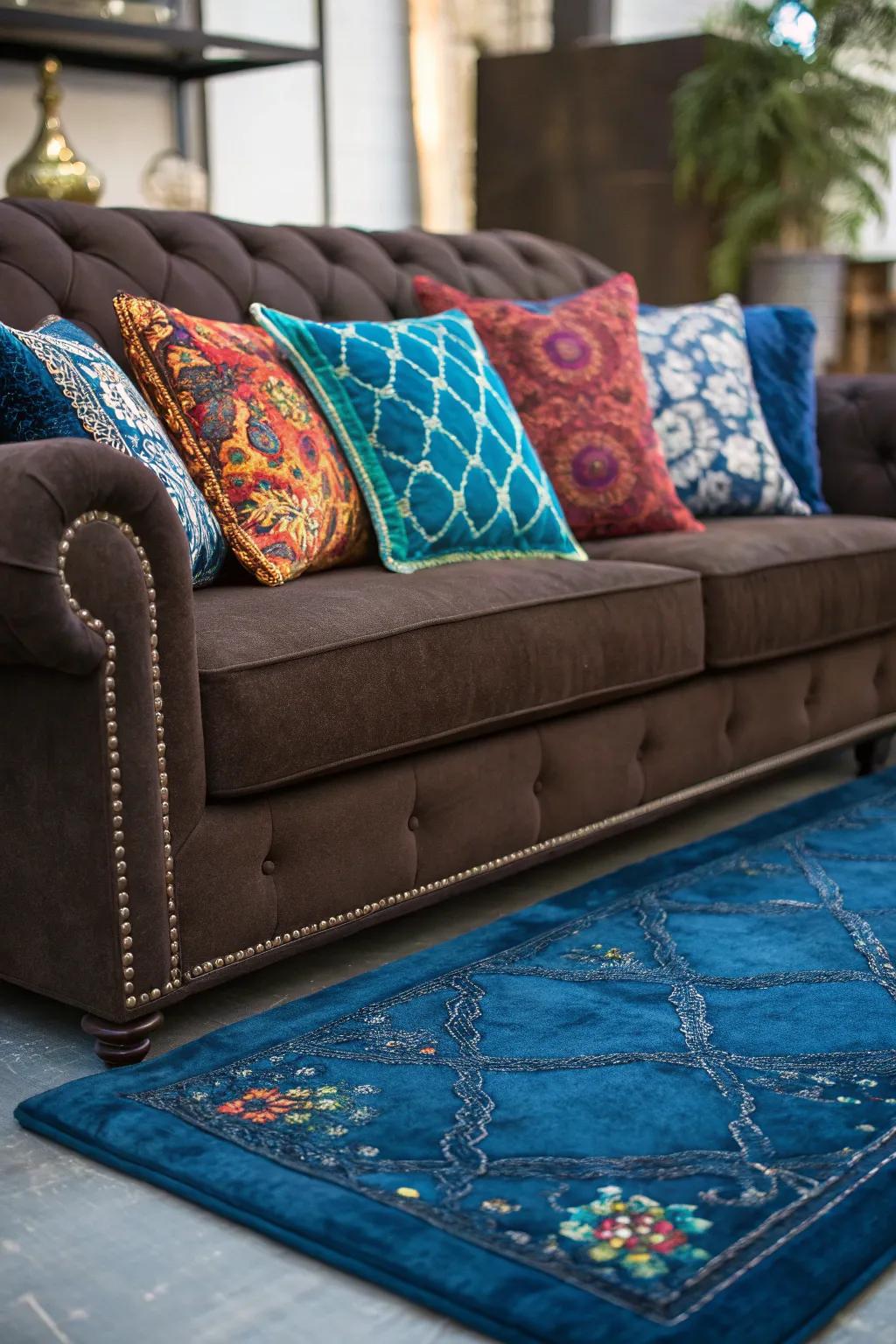Jewel colors build a striking contrast with a cocoa-colored settee.