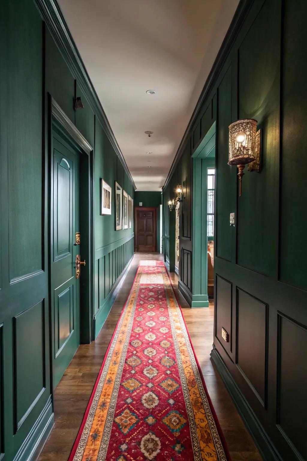 A runner rug adds color to the dark green hallway.