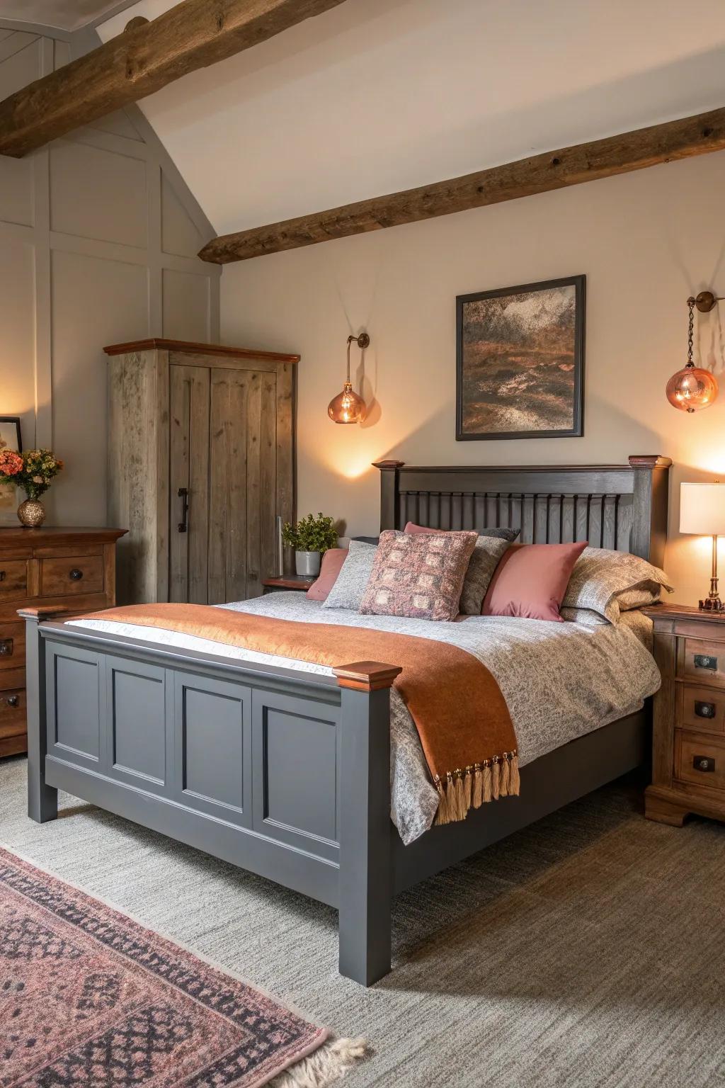 A gray-themed bedroom is made cozier and more elegant with bronze accents.