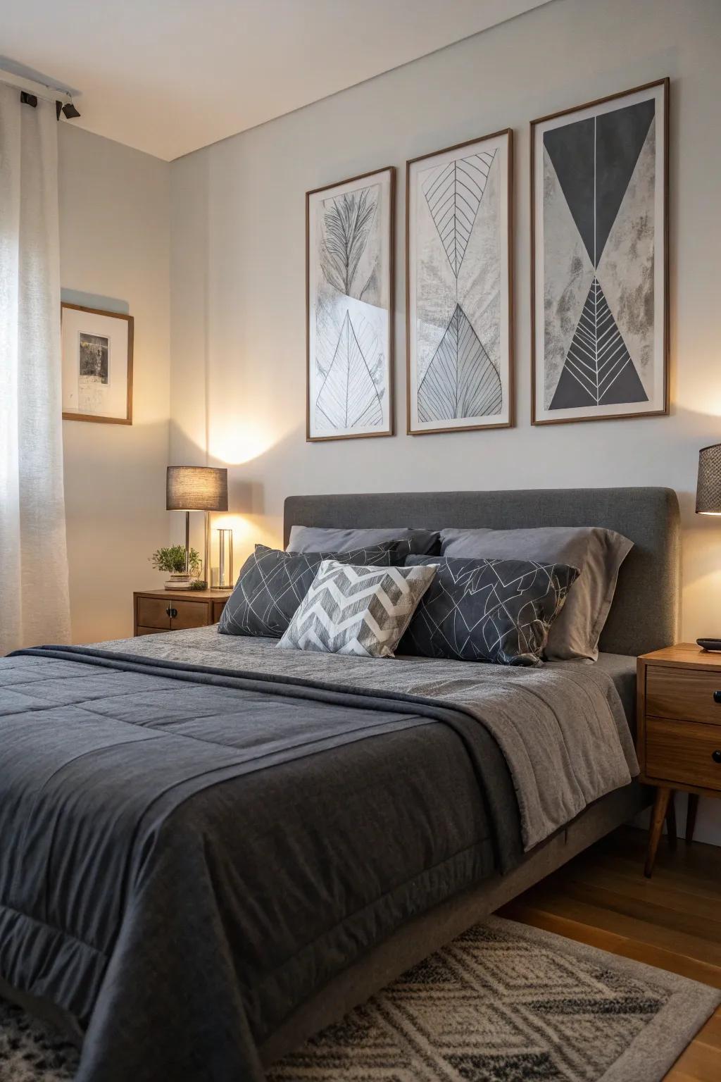 Artwork adds a personal touch and enhances deep charcoal bedding.