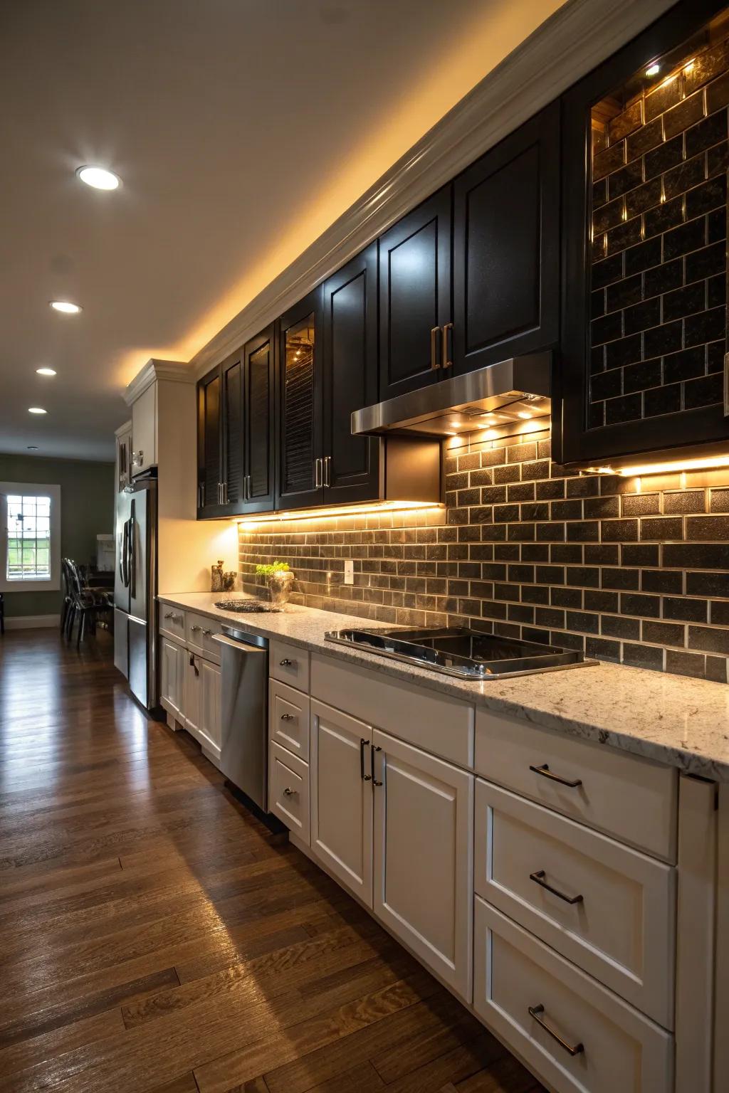 A kitchen with under-cabinet lighting accentuating the beauty of a dark backsplash.