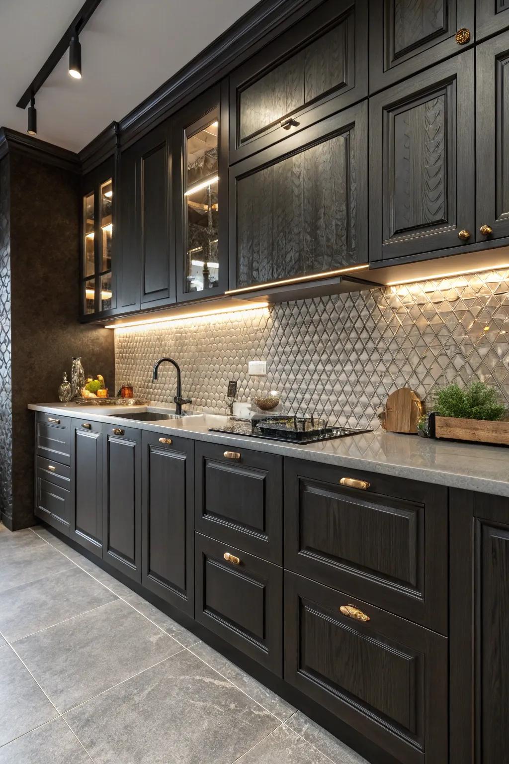 A mix of matte and glossy textures enriches the depth of dark cabinets.