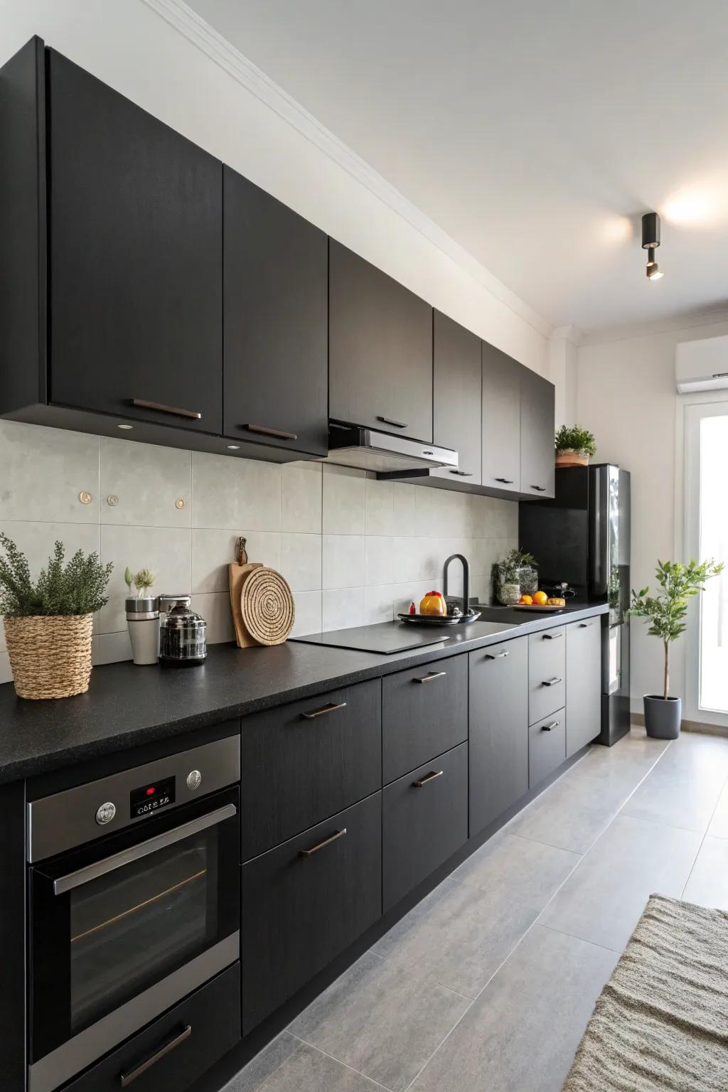 Minimalist decor highlights the sophistication of a dark kitchen.