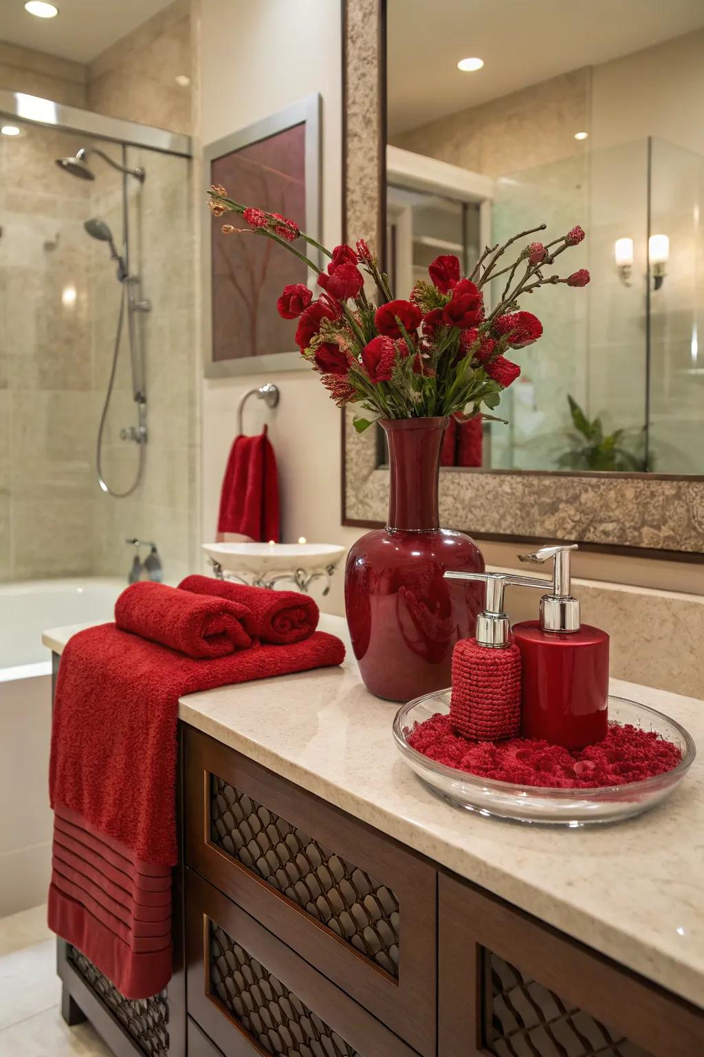 Decorative red accessories add cohesion and style.