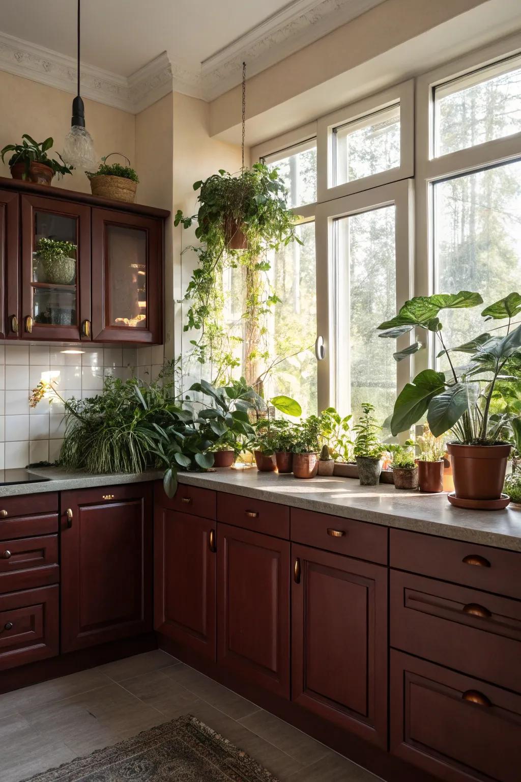 Kitchen with dark red cabinets complemented by natural elements.