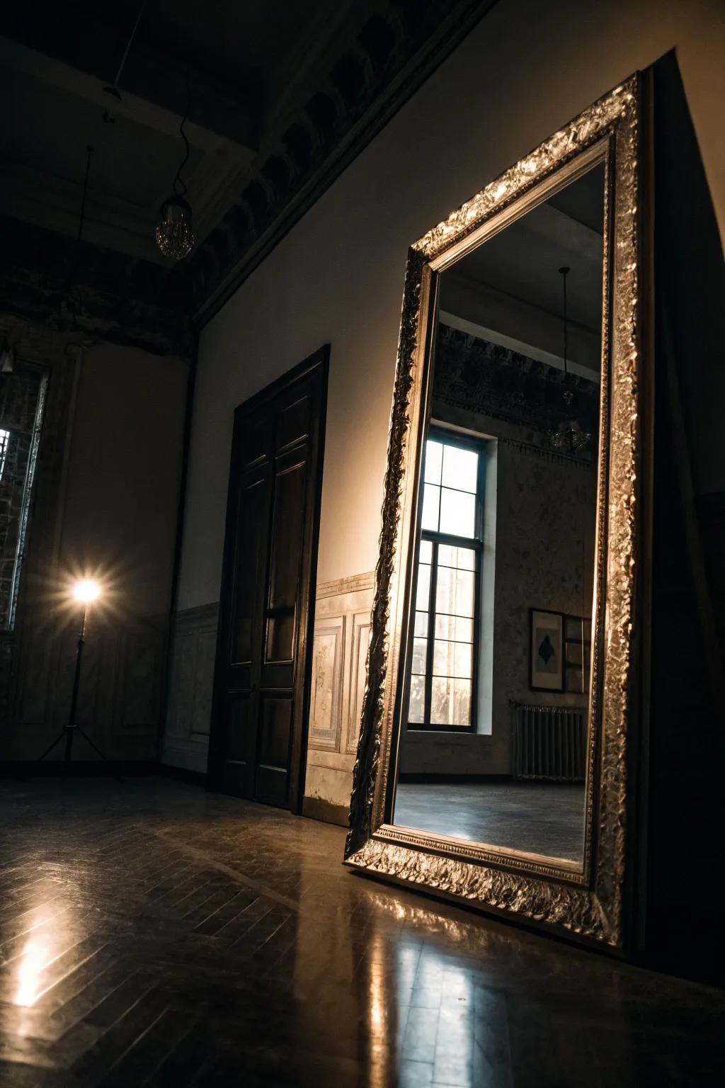 A dim room enhanced by a large mirror.