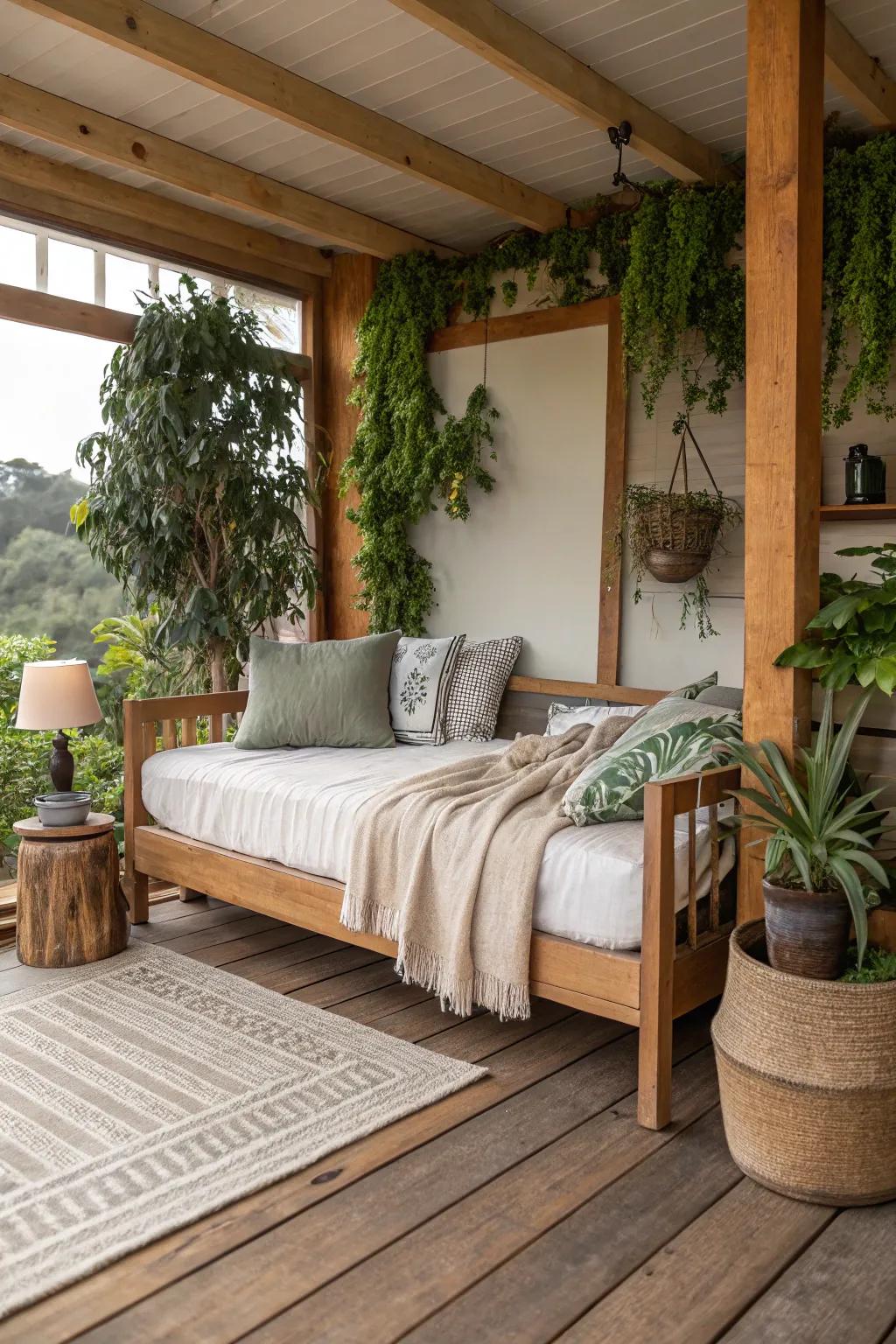 Daybed featuring natural items and plants