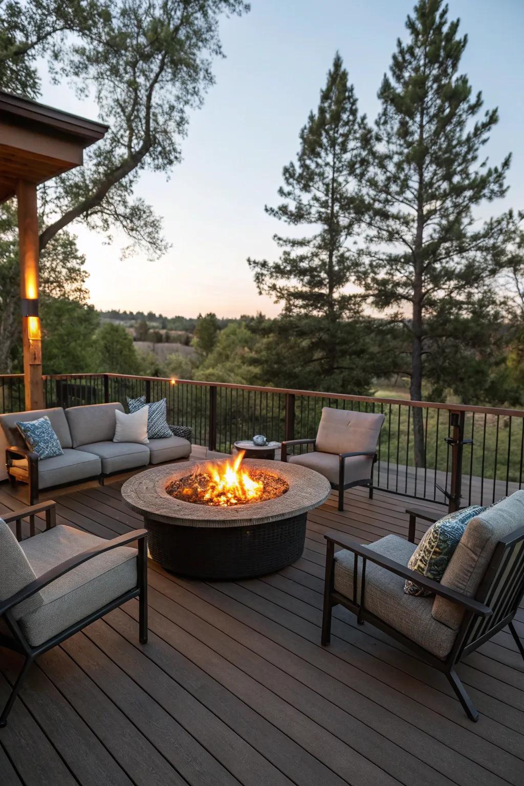 A fire pit becomes the heart of this deck, inviting cozy gatherings.