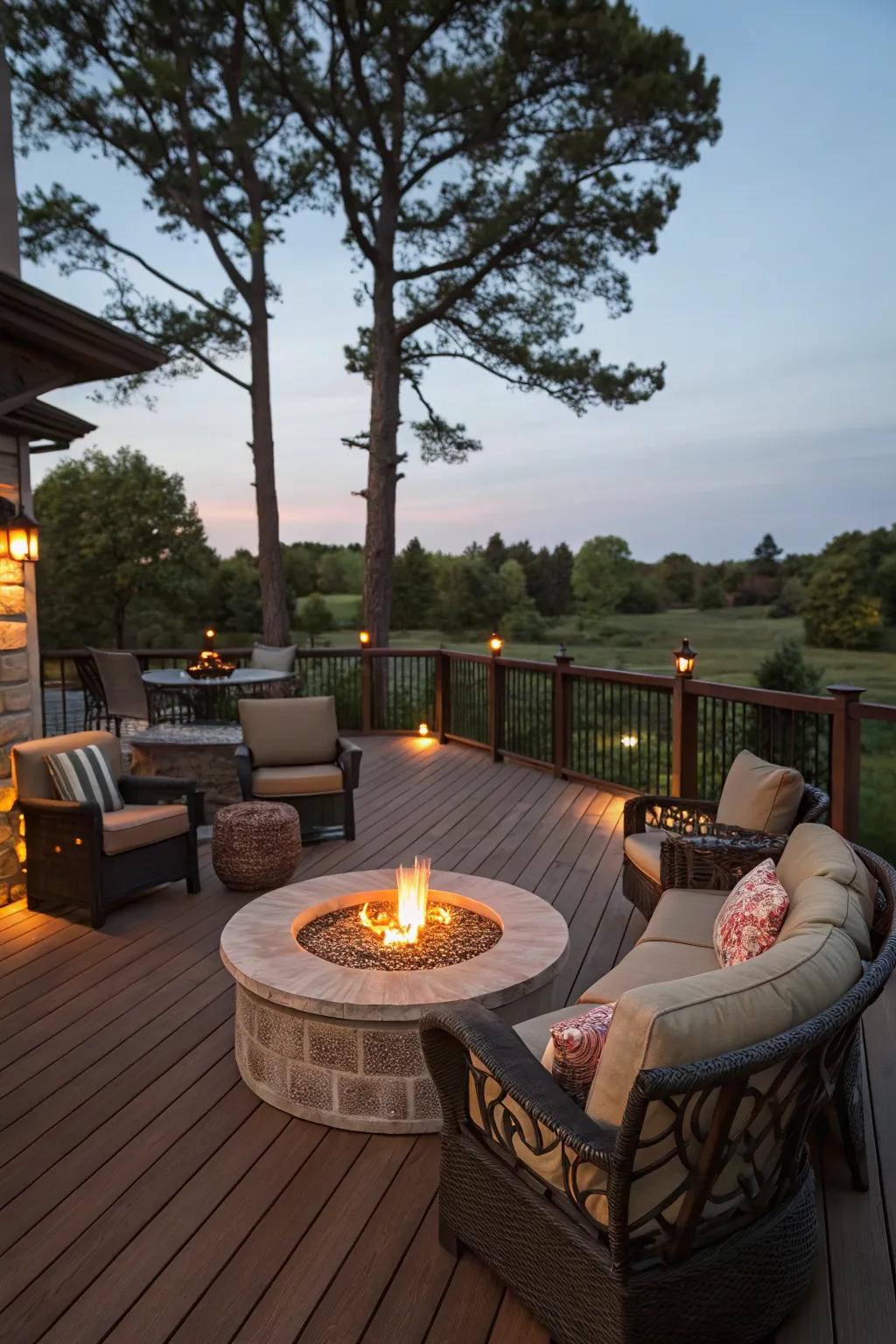 A central hearth spot transforms this deck into an inviting and snug social space.