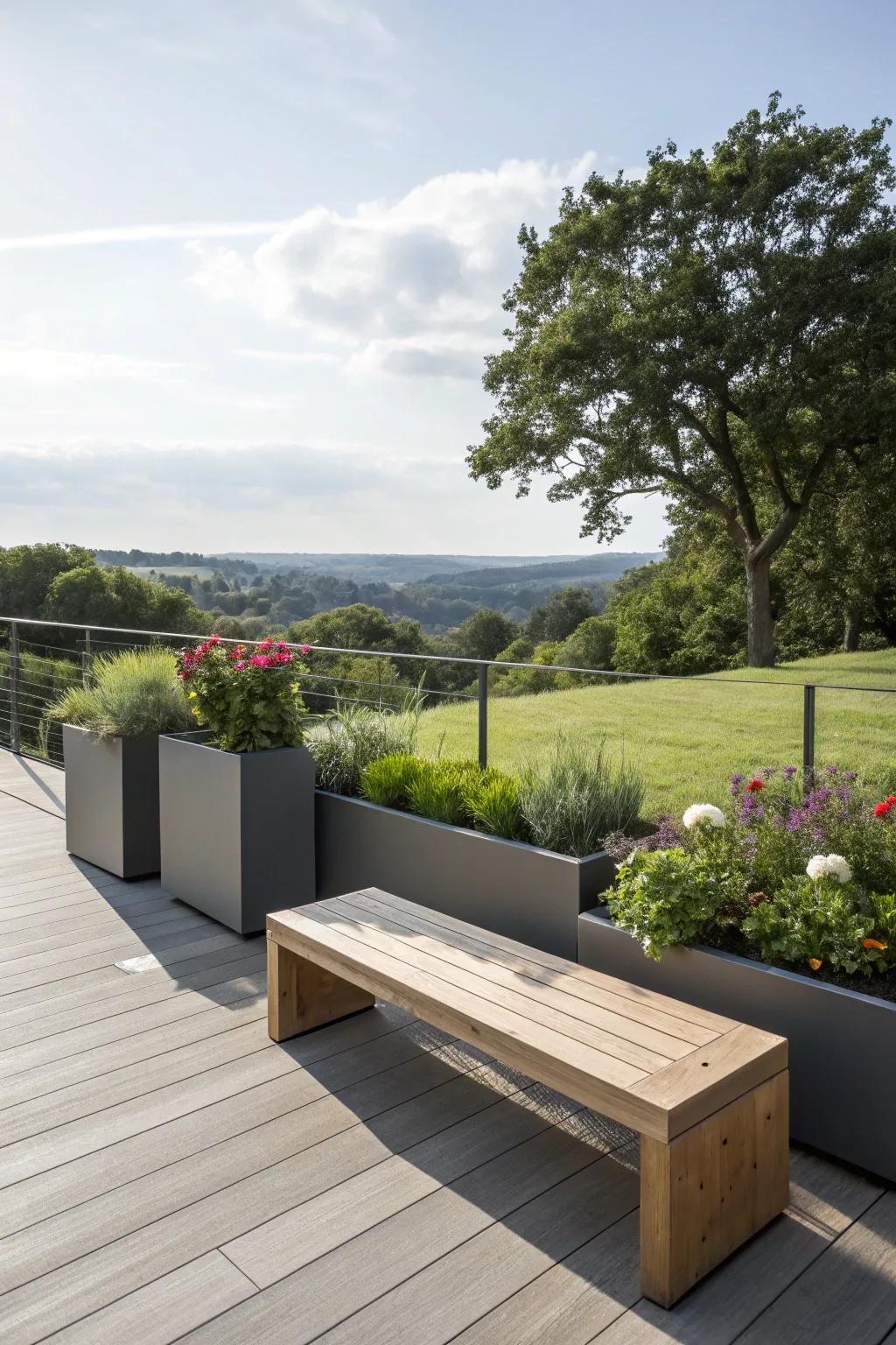 A minimalist approach with sleek lines and planters.