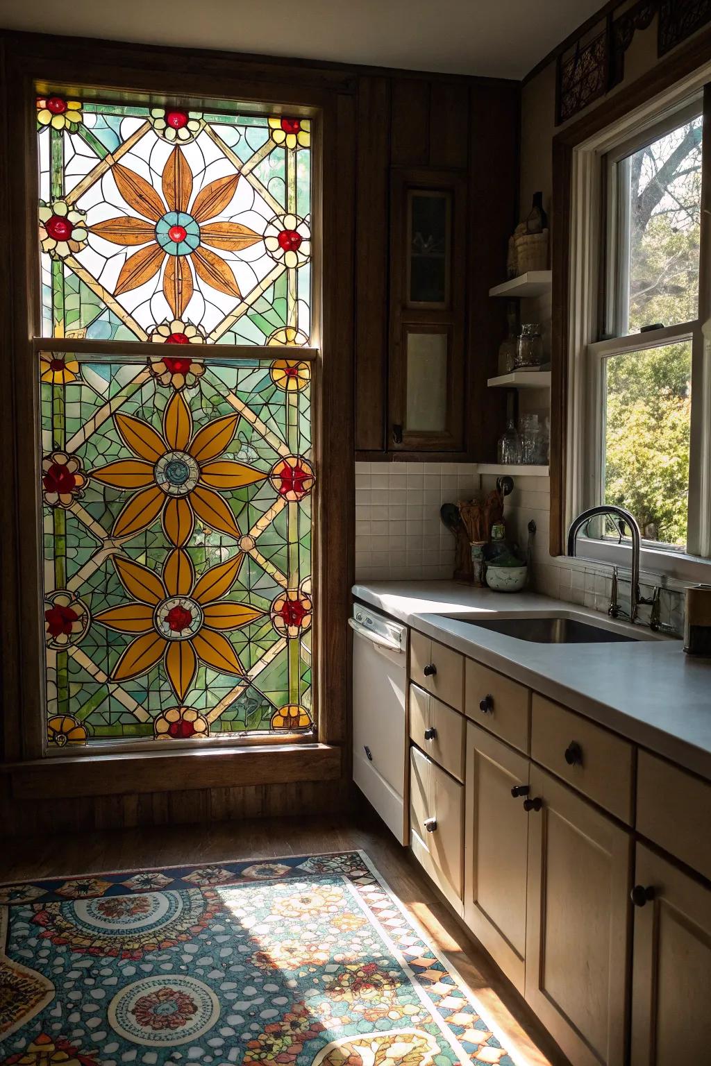 Stained glass window film enhances privacy and visual appeal.
