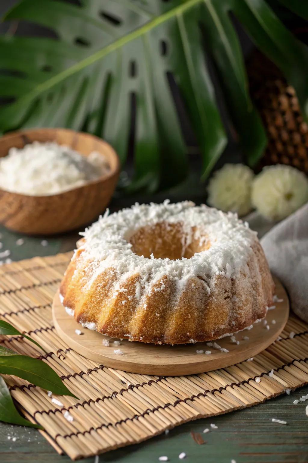 A bundt cake featuring a tropical touch of coconut flakes.