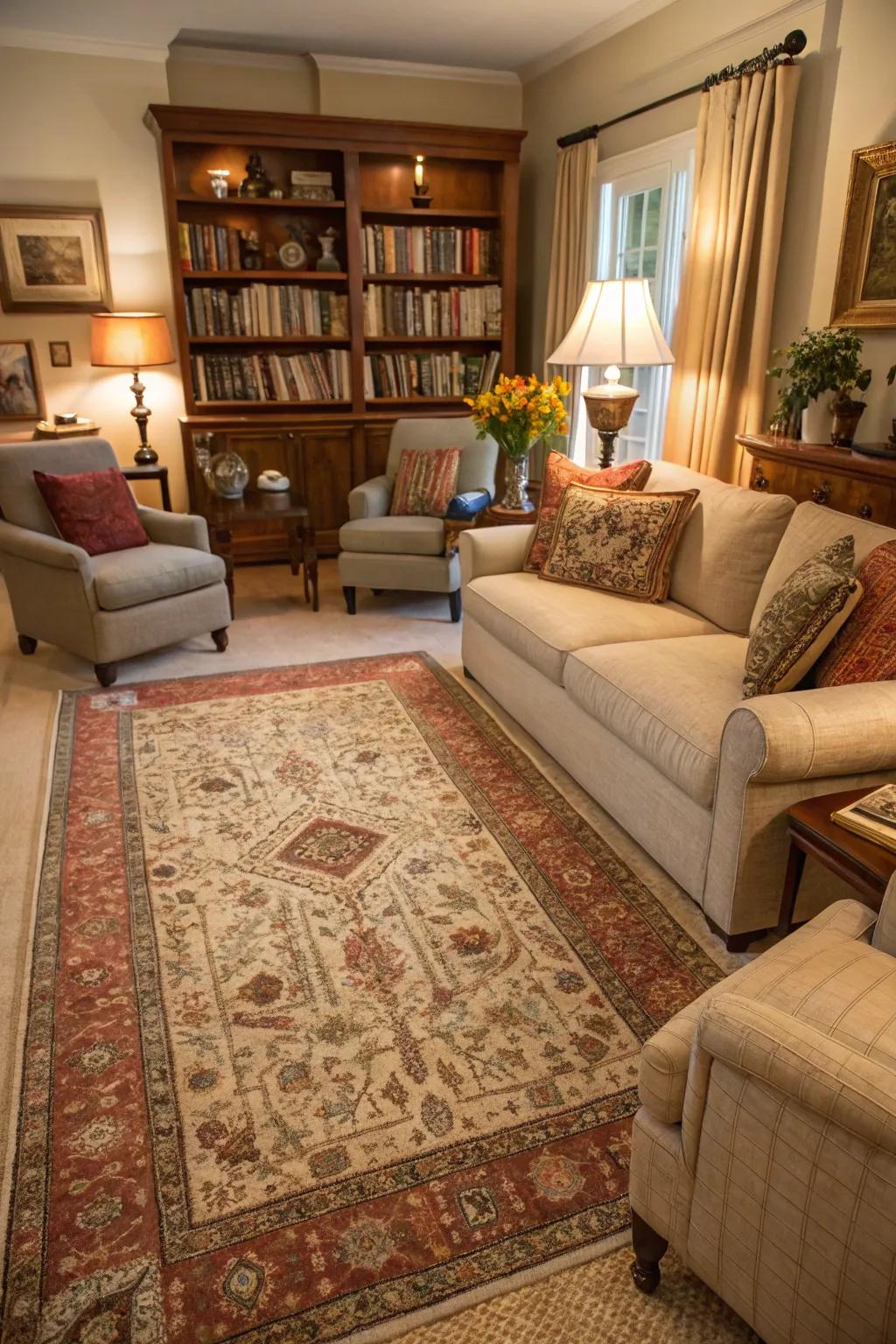 Vintage floor coverings contribute warmth and a burst of color to spaces.
