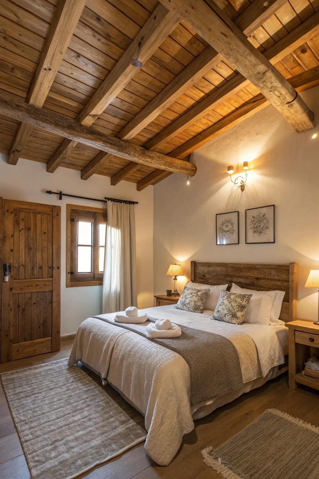 Bedroom beams create a cozy and inviting retreat.