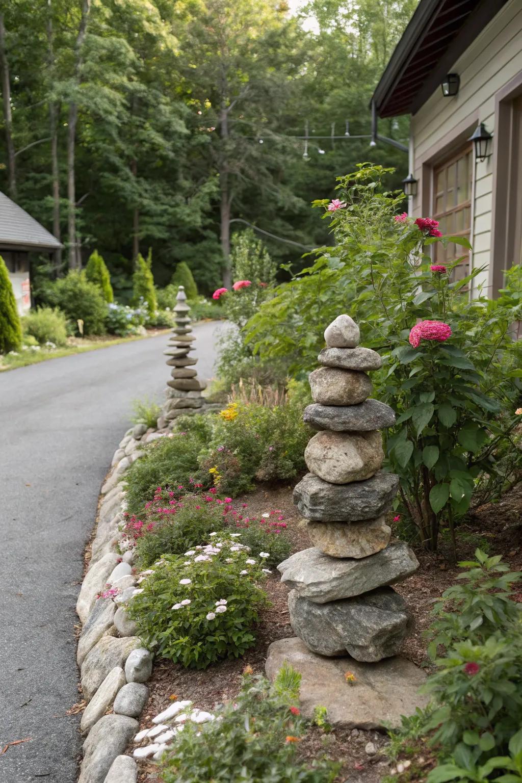 Stone structures furnish a natural and unique driveway marker.