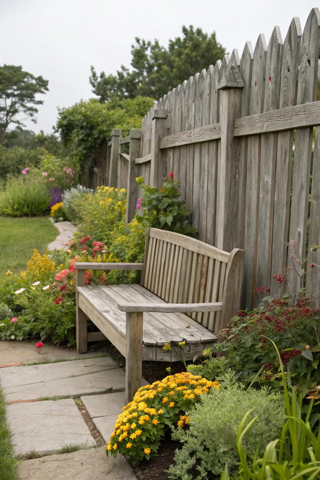 An affixed bench delivers comfort and panache in garden environments.