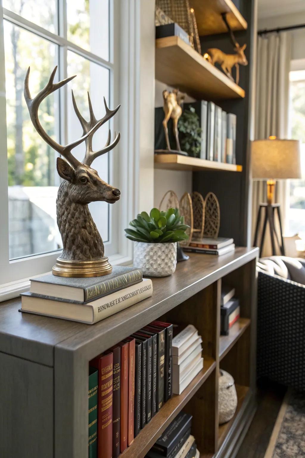 In a home office, deer antlers function as fashionable and useful stabilizers on a shelf.