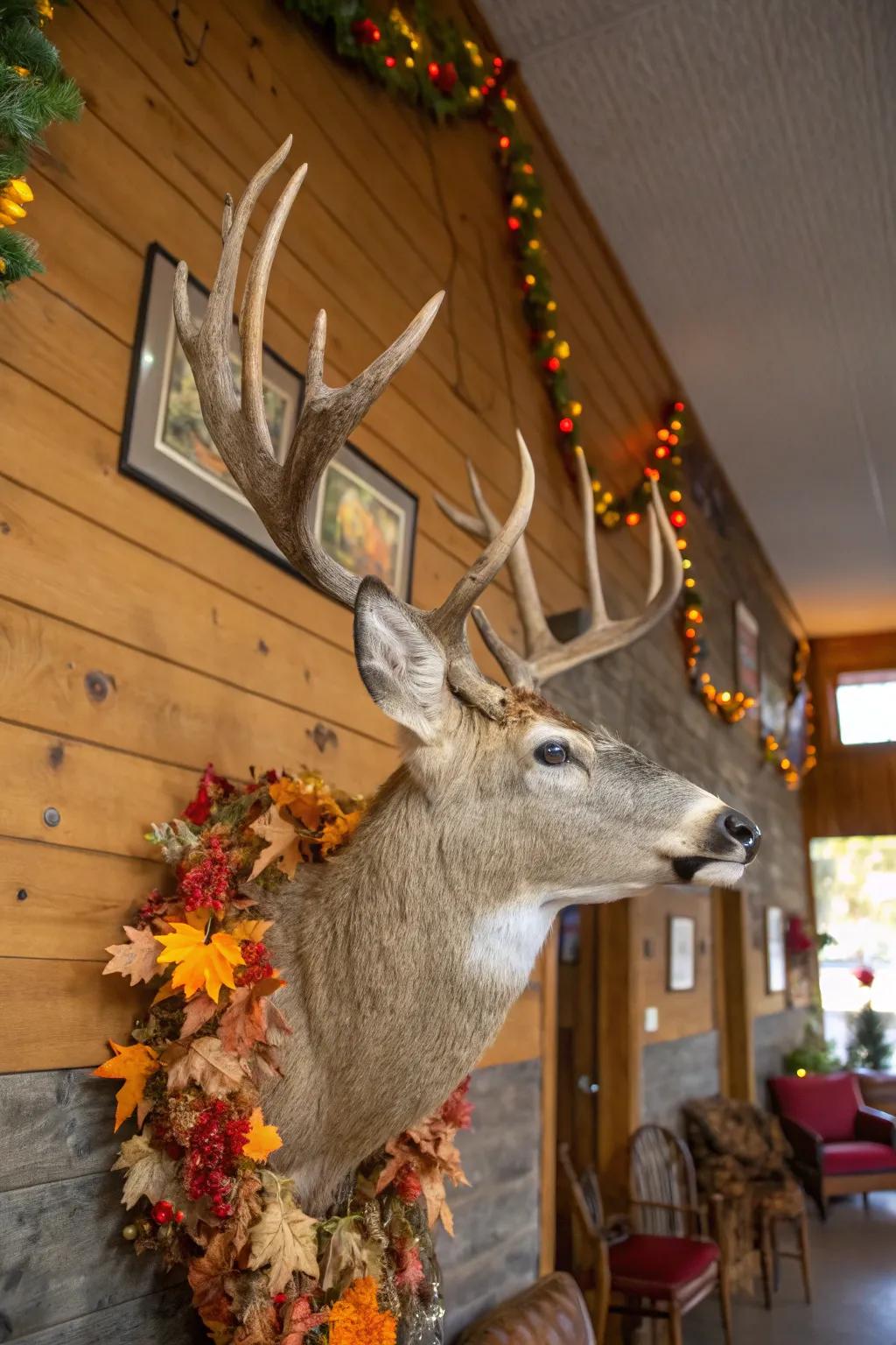 An animal head adorned with seasonal decorations for year-round appeal.