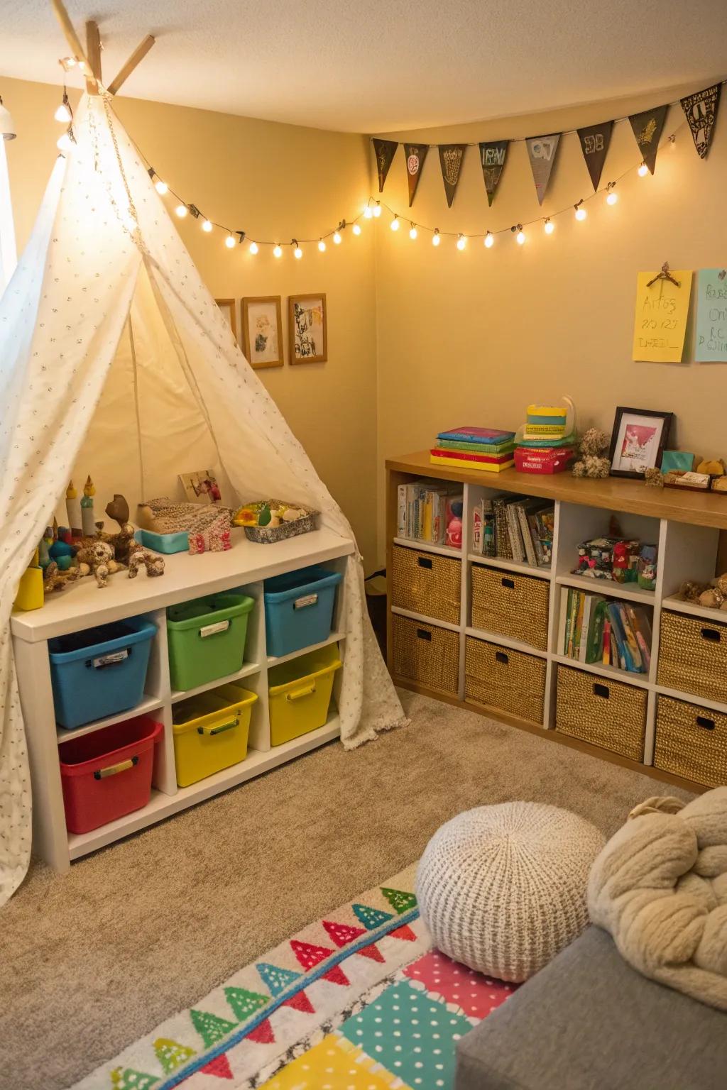 A family-friendly den with designated play zones for children.