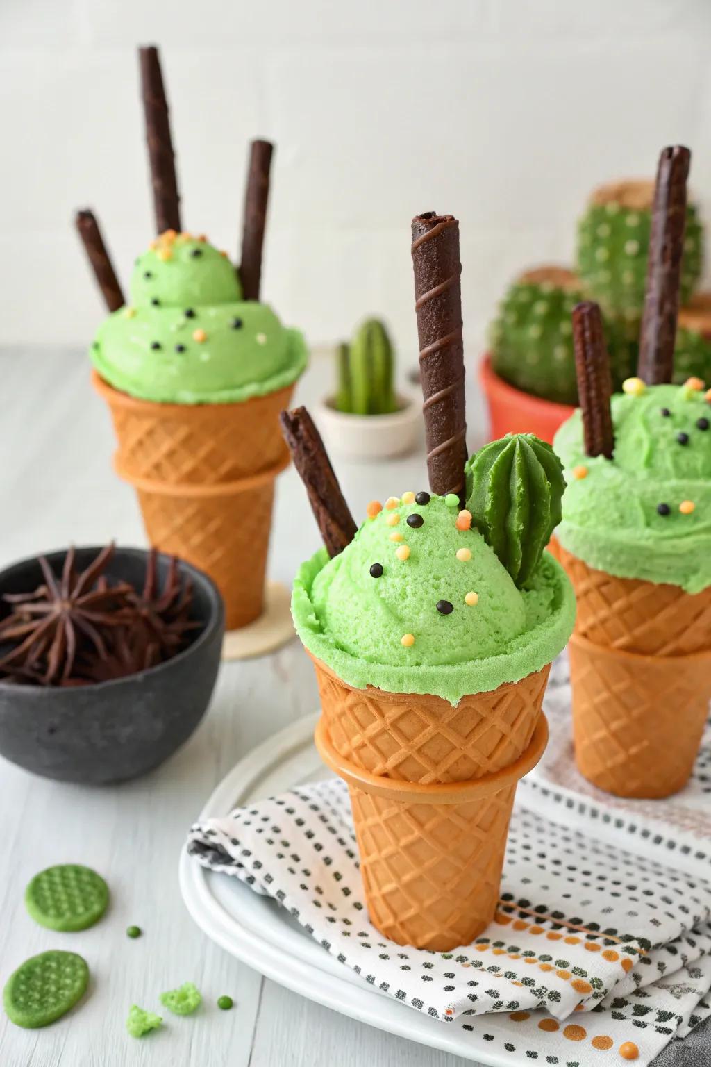 Prickly pear ice cream with lime ice cream and chocolate sticks.