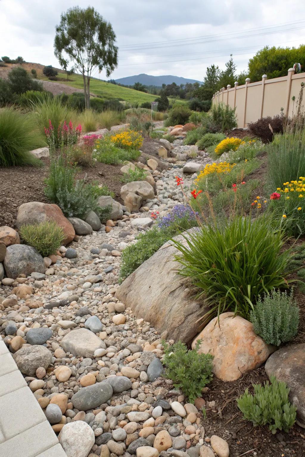 A dry creek bed that adds texture and functionality to the landscape.