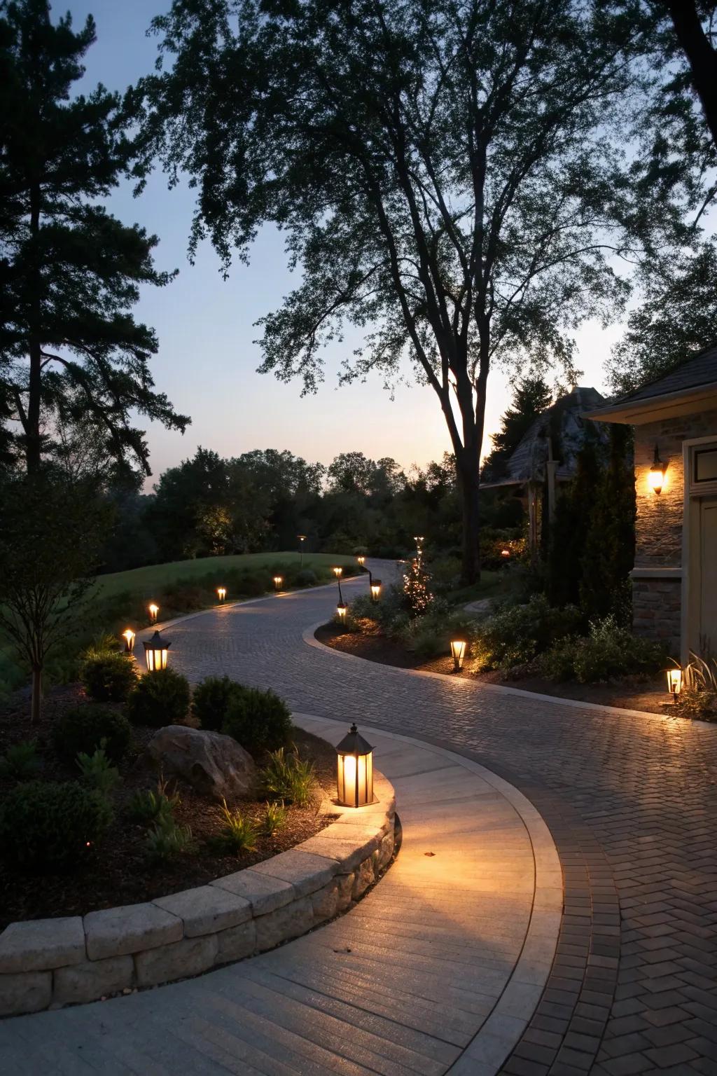 Twinkling lights illuminate the path, casting a warm glow on this enchanting driveway.