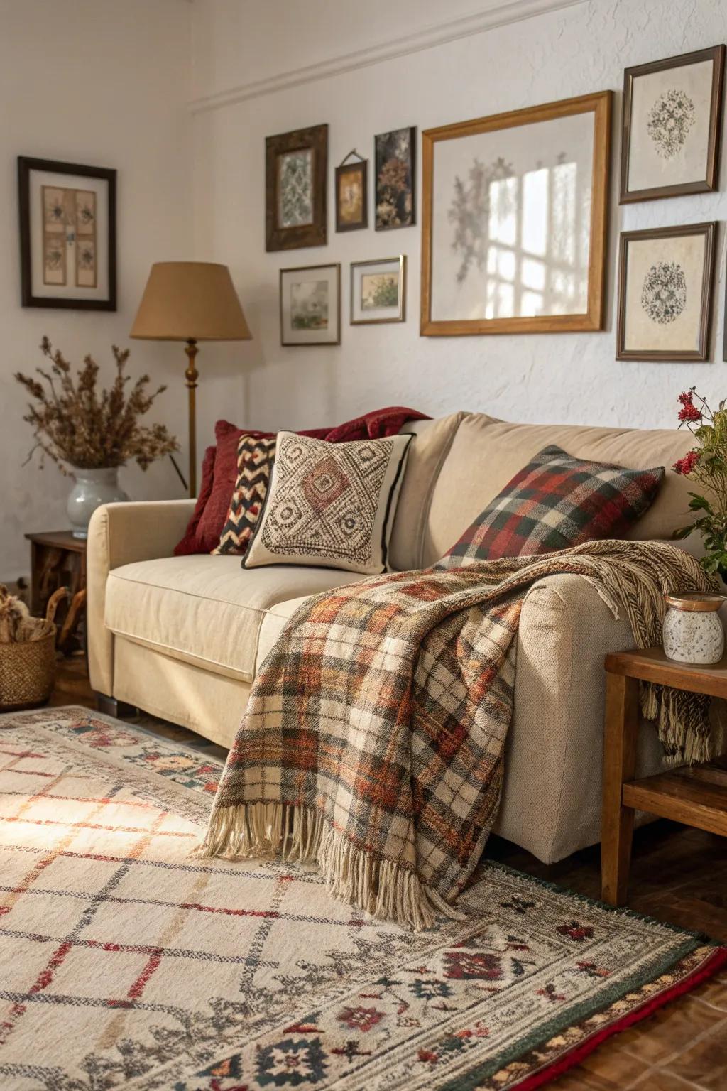 A cozy and stylish room showcasing a blend of surfaces and designs.