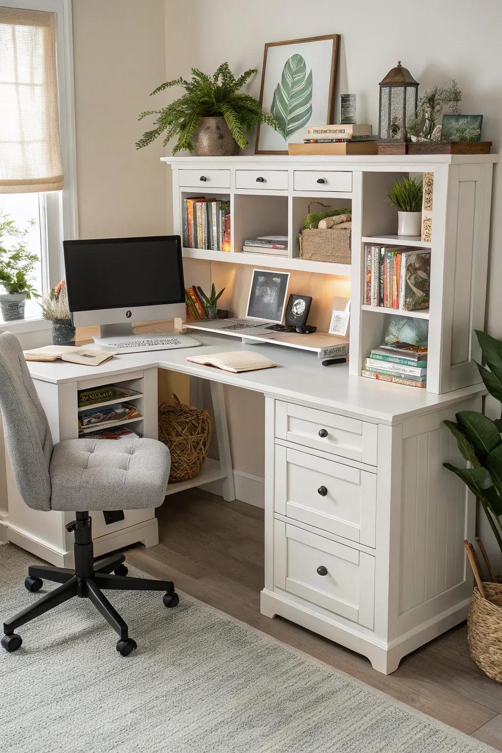 L-shaped desks maximize space and functionality.