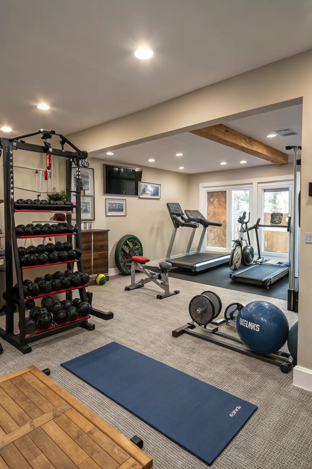 A multi-use home gym with specific areas for various exercises.