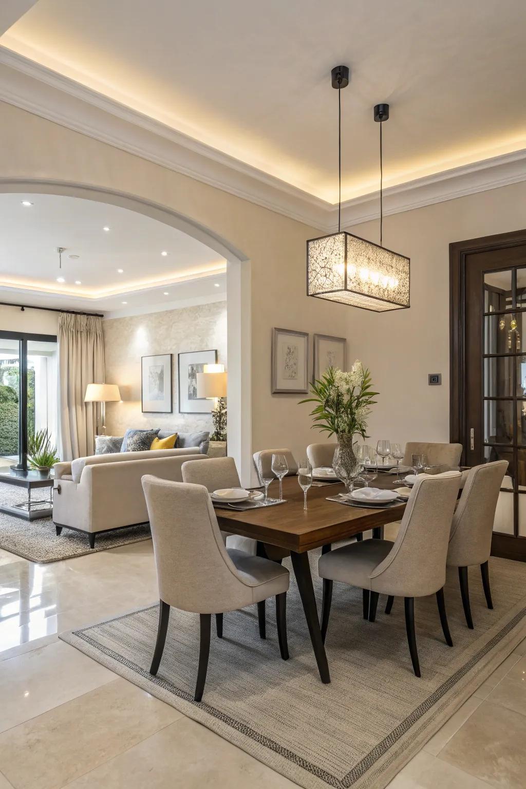 A radiant and muted color palette amplifying the dining space's openness.