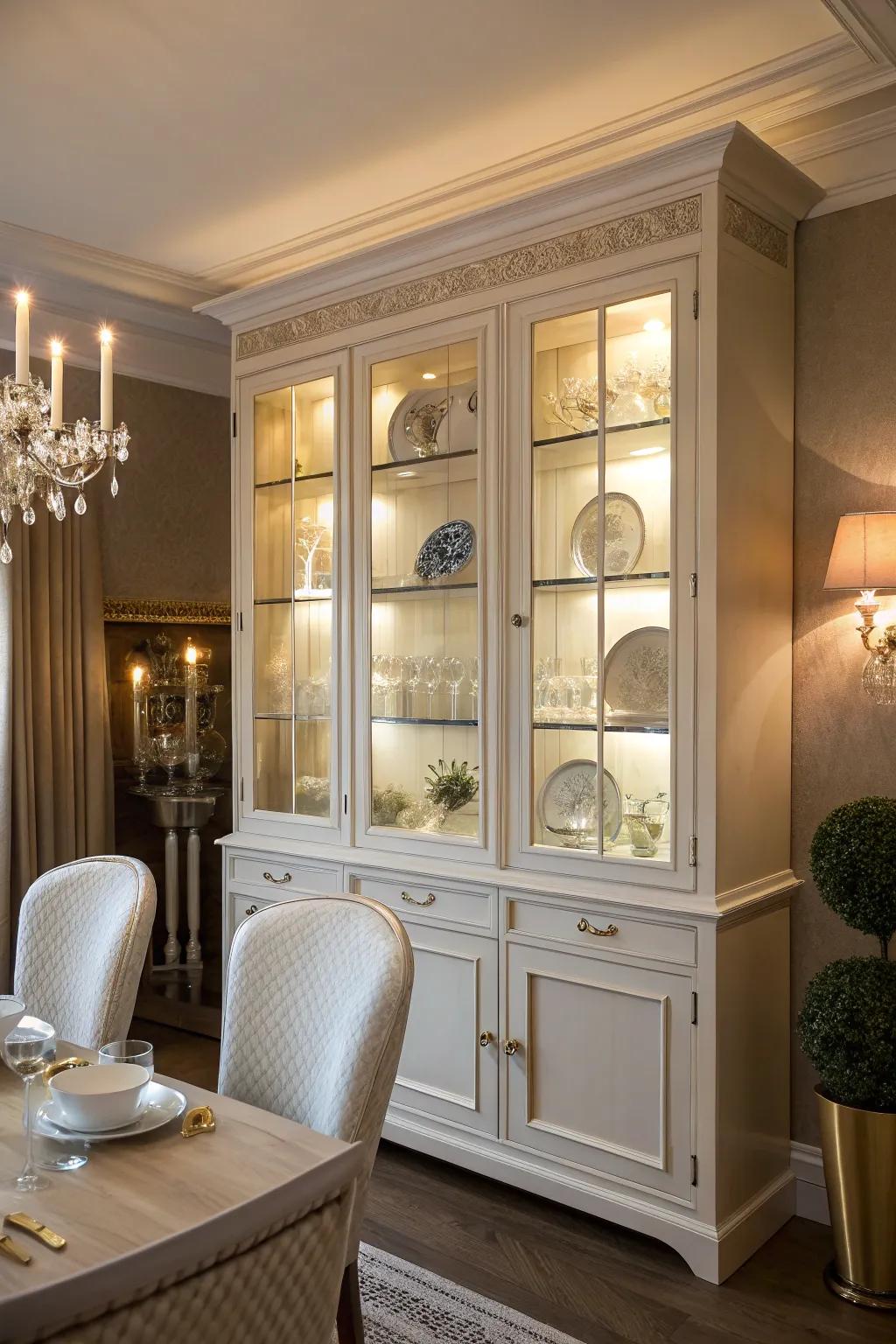 Built-in lighting enhances the atmosphere and highlights cabinet contents.