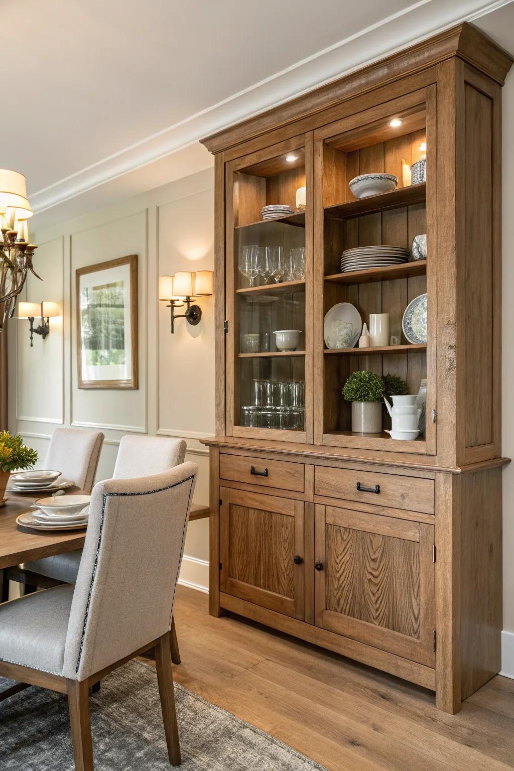 A corner storage unit combines practical storage with elegant design.