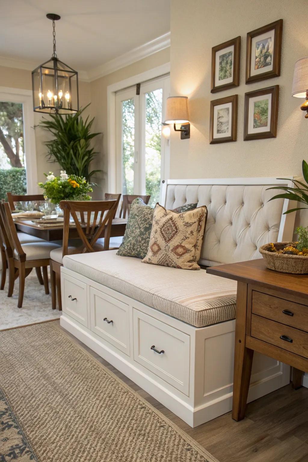 Storage seating benches offer a smart solution for concealed storage in dining rooms.