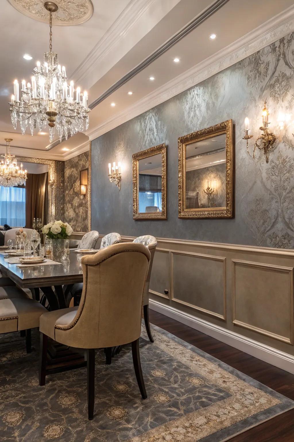 Metallic paint below the chair rail adds a luxurious shimmer.