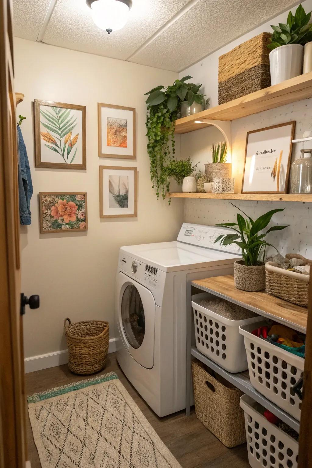 Turn your laundry zone into a welcoming space using artwork and greenery.