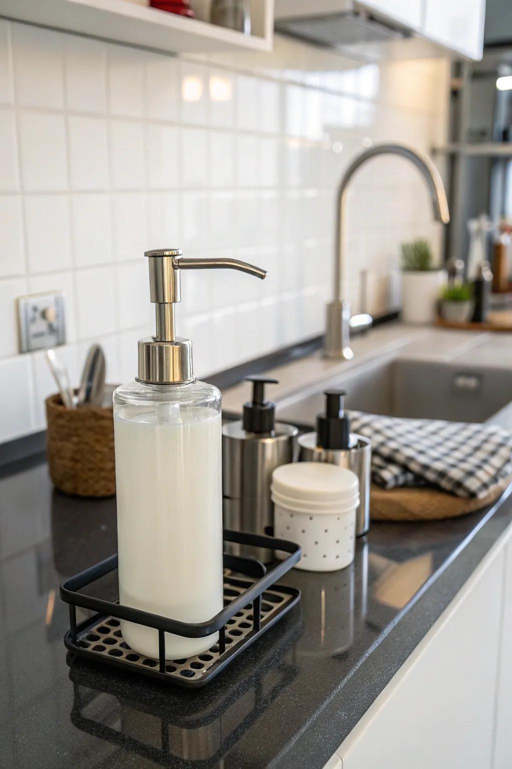 Contemporary metallic spouts introduce an industrial flair.