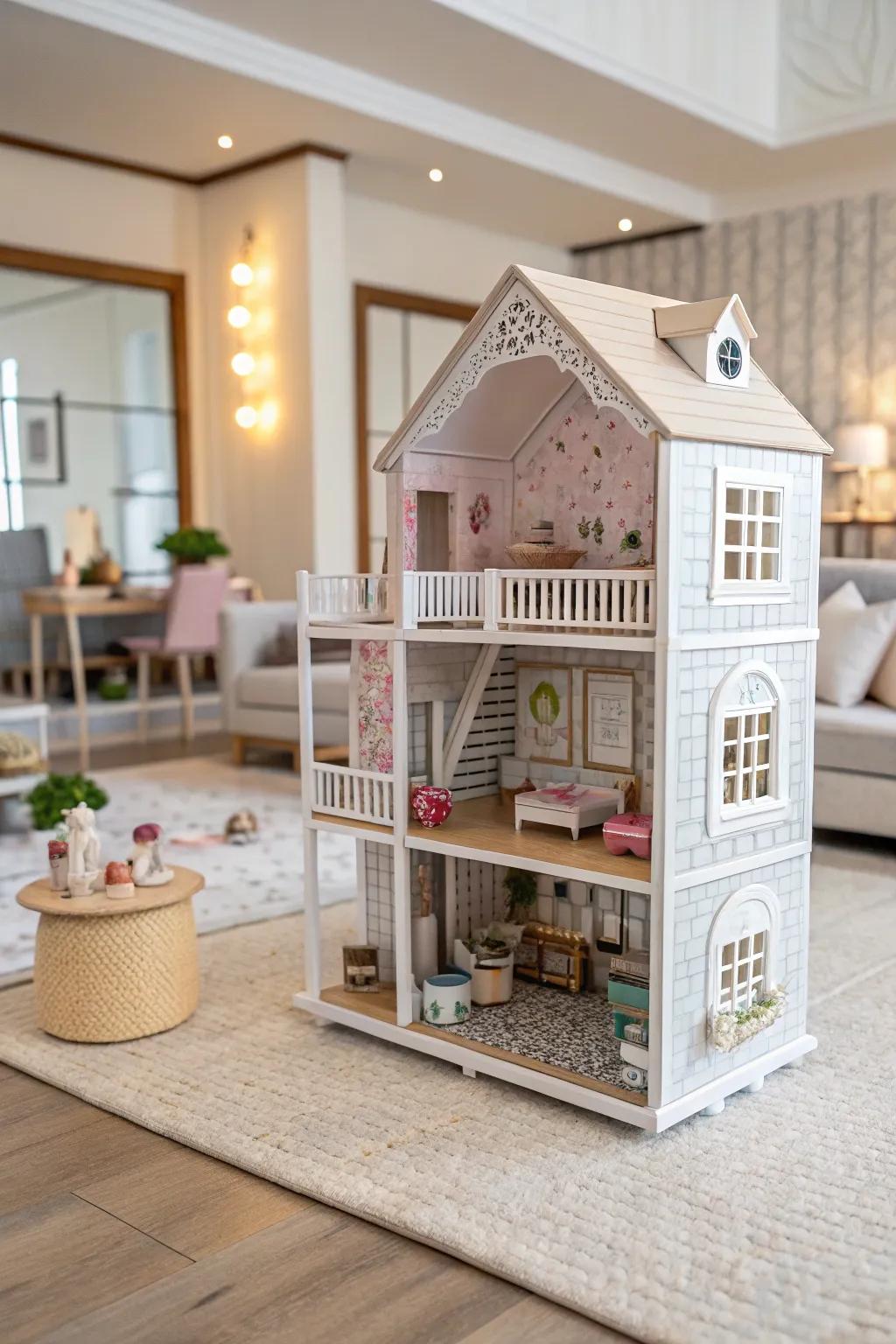 Open-concept designs deliver an unobstructed view of the dollhouse interiors.